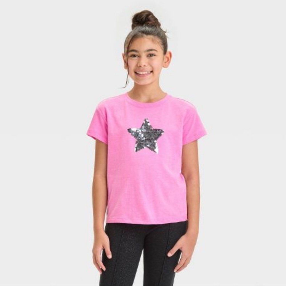 Pink Star Sequin Kids T-Shirt